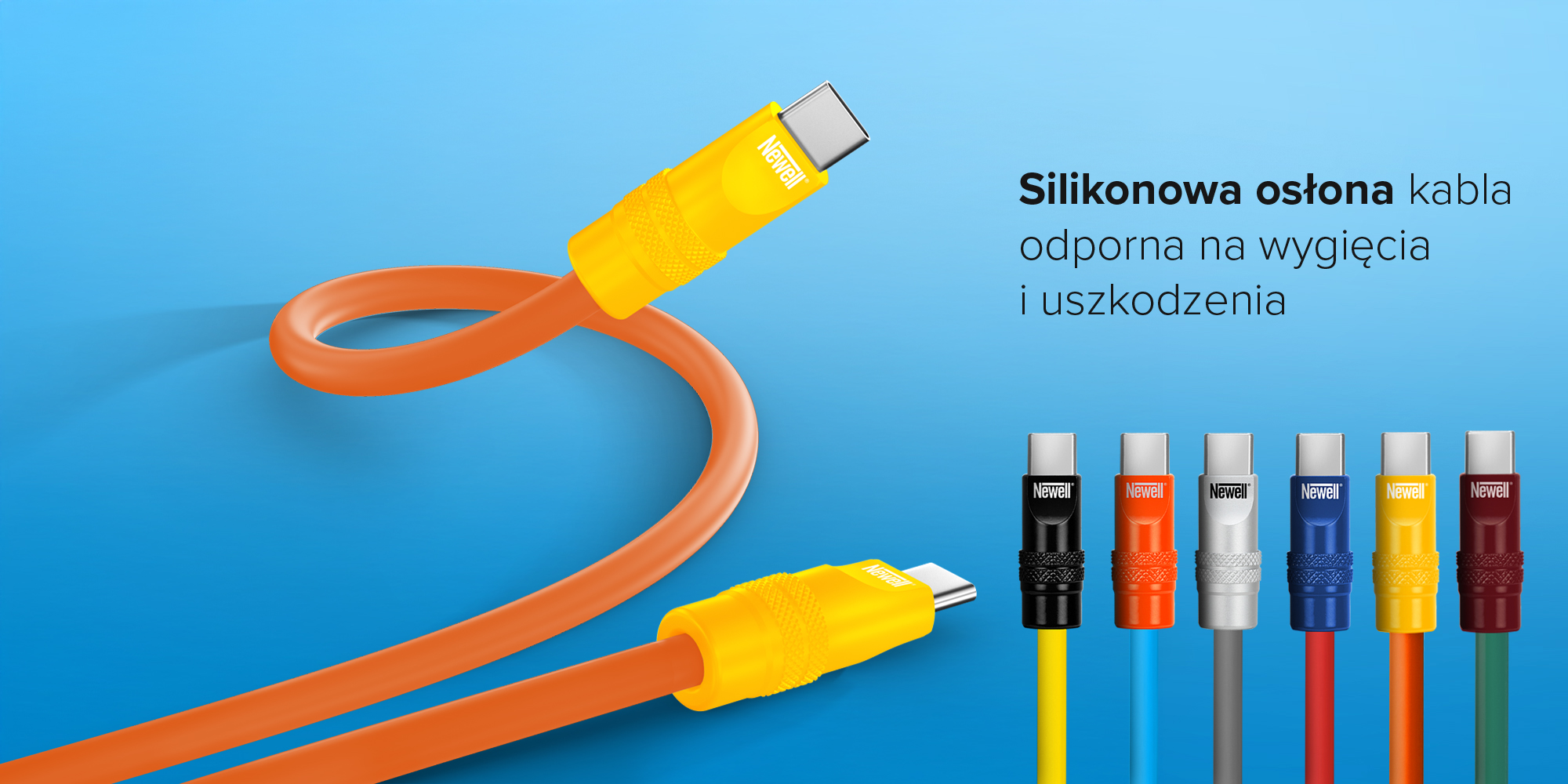 Kabel Newell USB-C - USB-C 100 W, 1,5 m, silikonowy, spiralny, pomarańczowo-żółty